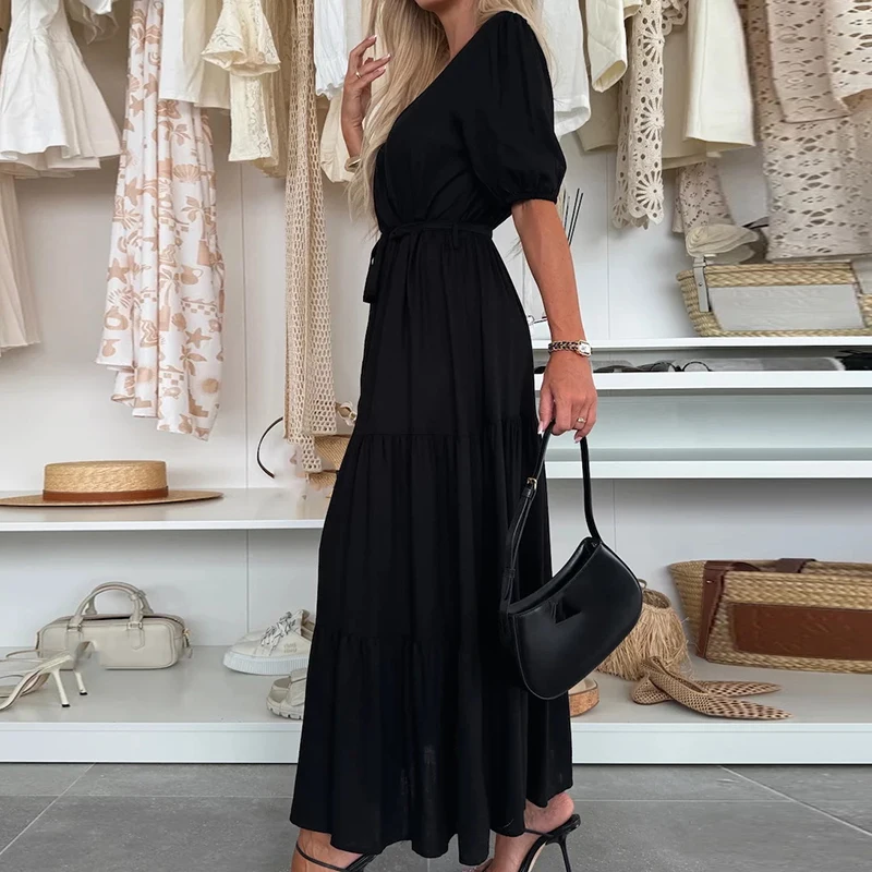 Robe d'été à manches lanternes, couleur unie, Patchwork, Maxi, vêtements Boho Chic pour femmes, col en v, demi-manches, cordon de serrage