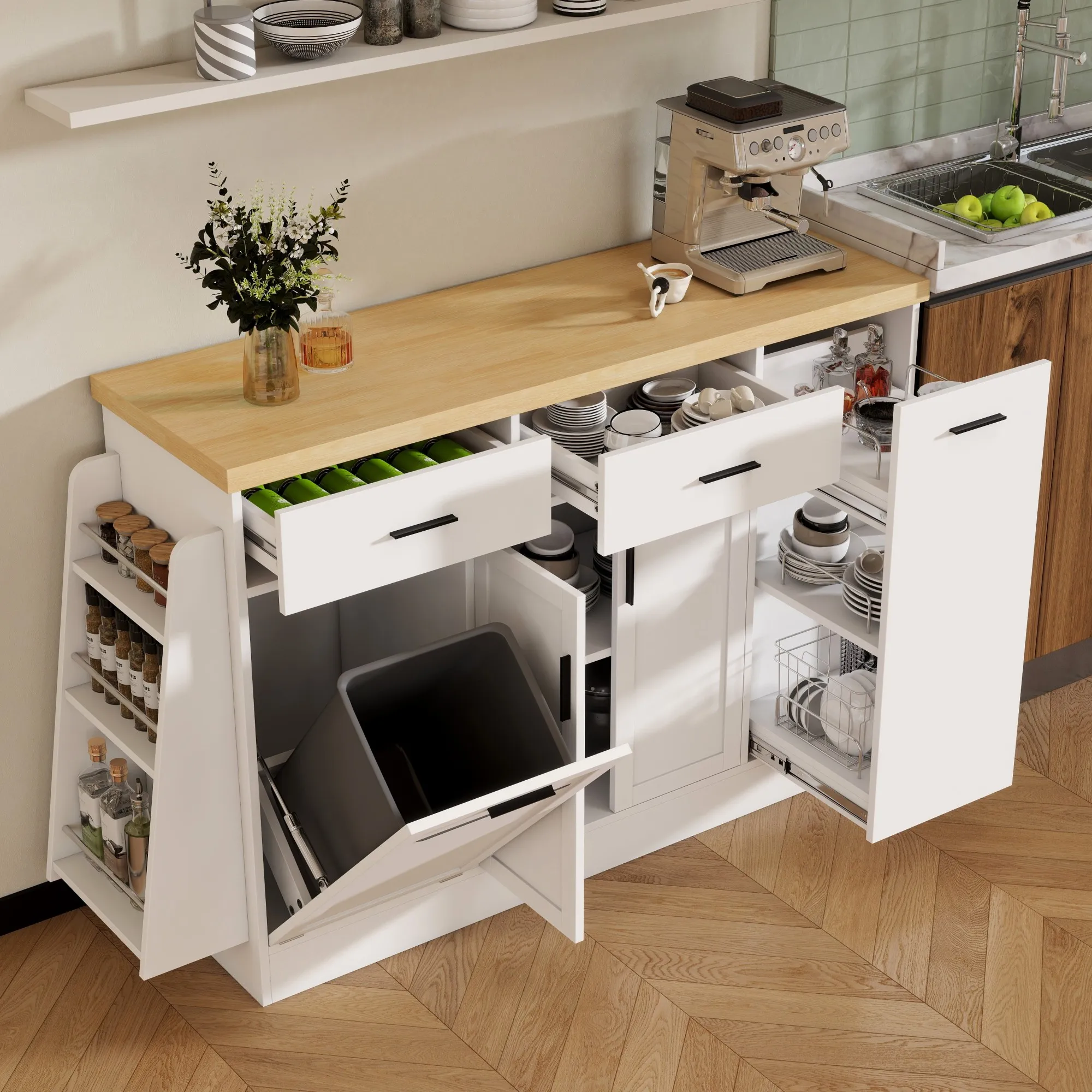 Multi-Functional Storage Sideboard with Trash Can Storage, Sliding Door Cabinet and 3-Tier Spice Rack for Kitchen, Dining Room