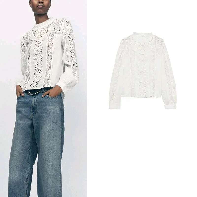 

Romantic round Ne Embroidered Cotton irt Women's Vintage Sle Spring New Arrival Casual Long Sve Polyester Fiber