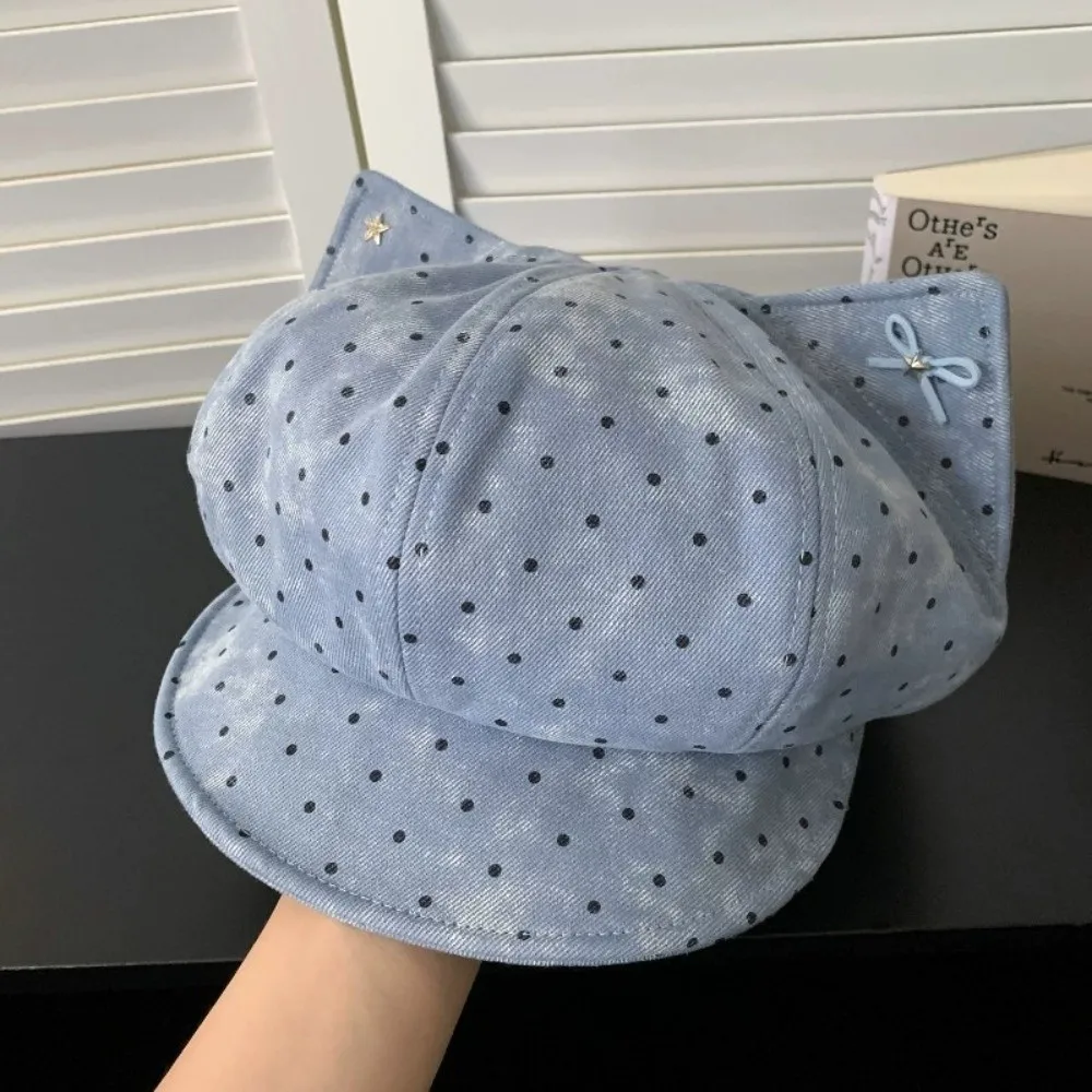 New Polka Dot Cat Ears Beret Hat Star Bowknot Denim Beret Cap Cloud Beret Adjustable Baseball Hat Outdoor