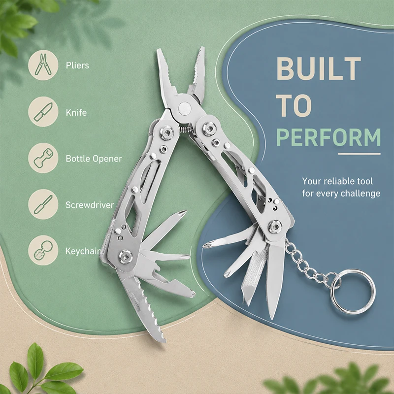 

All-Steel Multi-Function Pliers Tool Foldable Pocket Keychain Knife Set with Bottle Opener Screwdriver for Outdoor Hiking