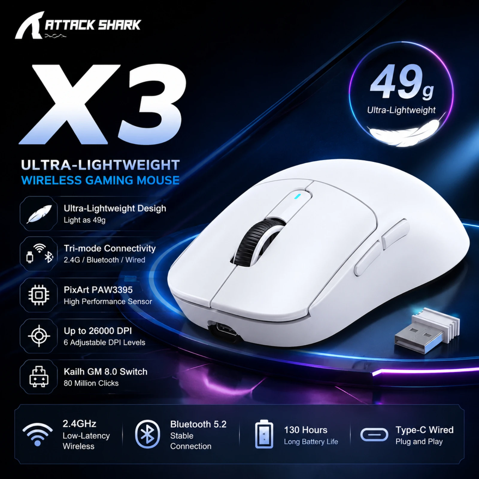 ATTACK SHARK X3 49g Ultralight Wireless Gaming Mouse | Tri-Mode, PAW3395 26K DPI Optical Sensor, Ergonomic, Programmable Buttons