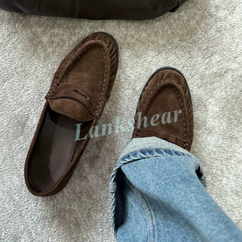 

Dark Brown Suede Loafers for Women Side Pleated Flat With Slip On Elegant Casual Footwear for Office Wear Chic Outfits 2026 New