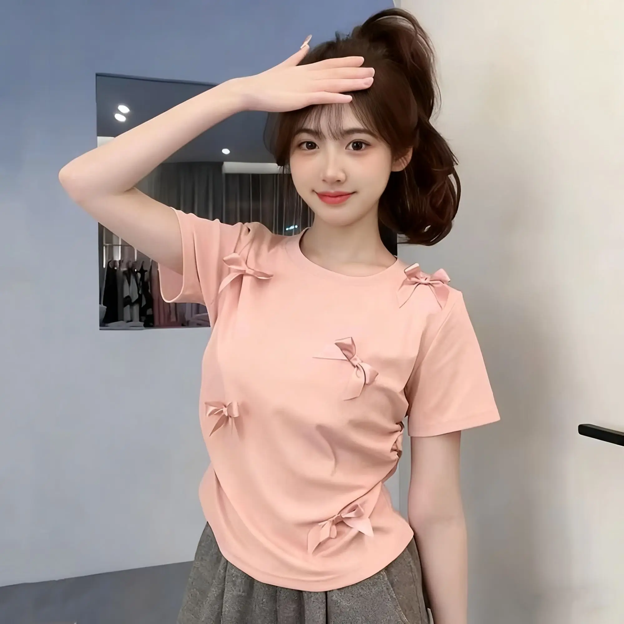 2025 New Summer Fashion Solid Tshirt Ribbon Bowknot Stitching Short T-shirt Teen Girls Cute Tee Tops All-Matching Kawaii Clothes