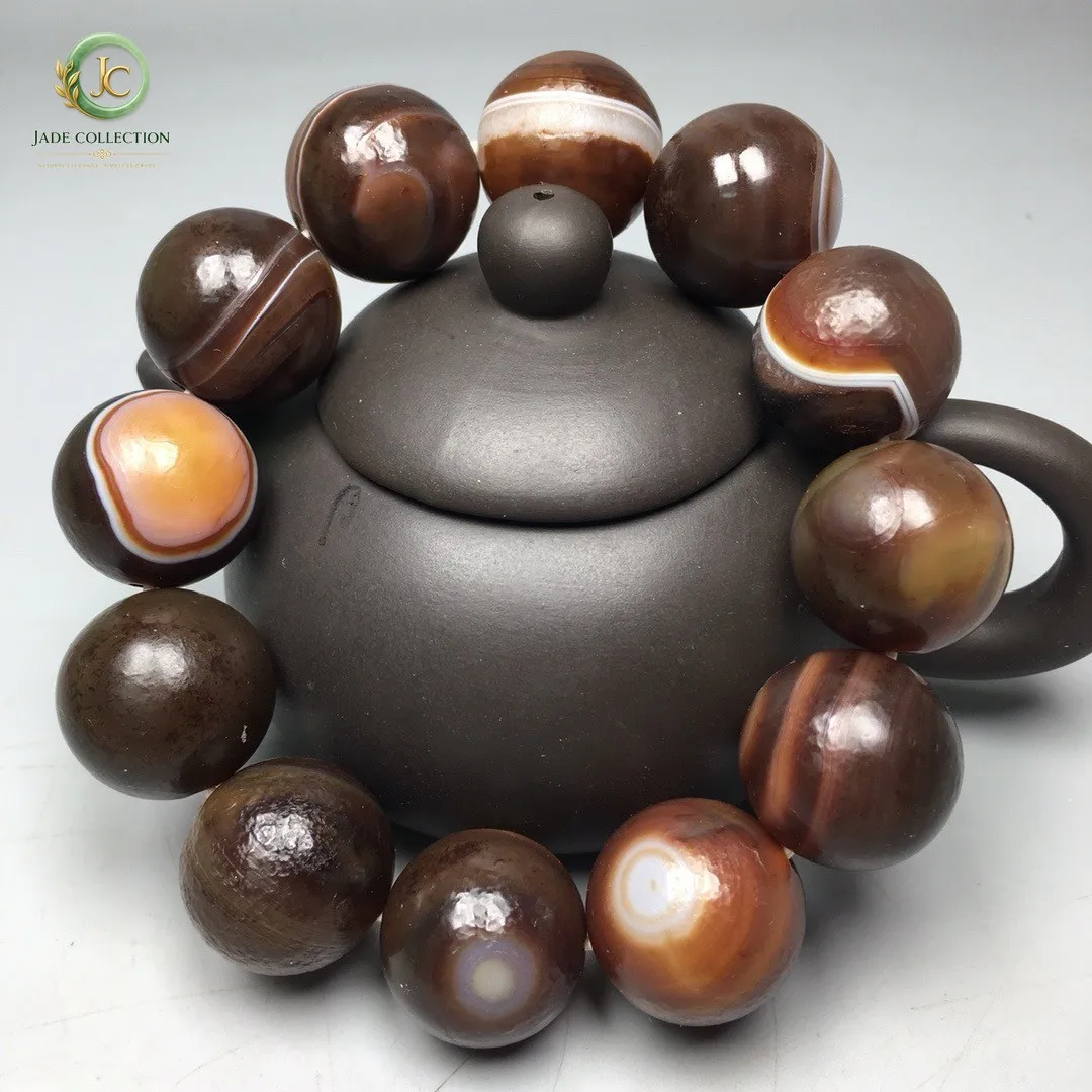 Tibetan Natural Old Agate Dzi Sky Eye Silkworm Lines Big Bead Bracelet S0524