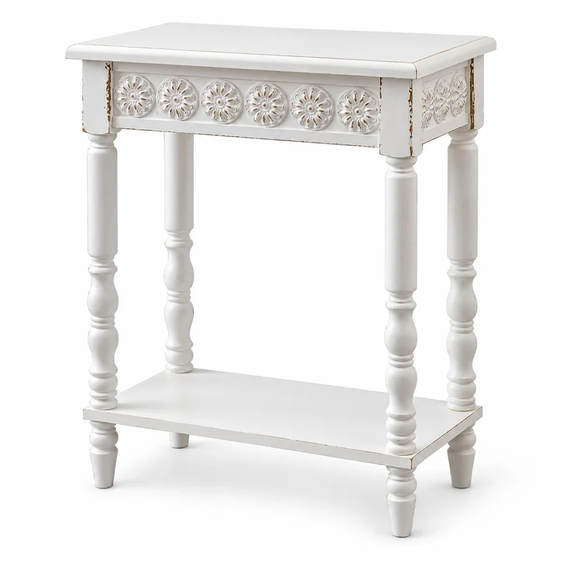 Vintage Distressed White Console Table with Lower Shelf, French Country Entryway Accent Table, Floral MDF & Fir Wood