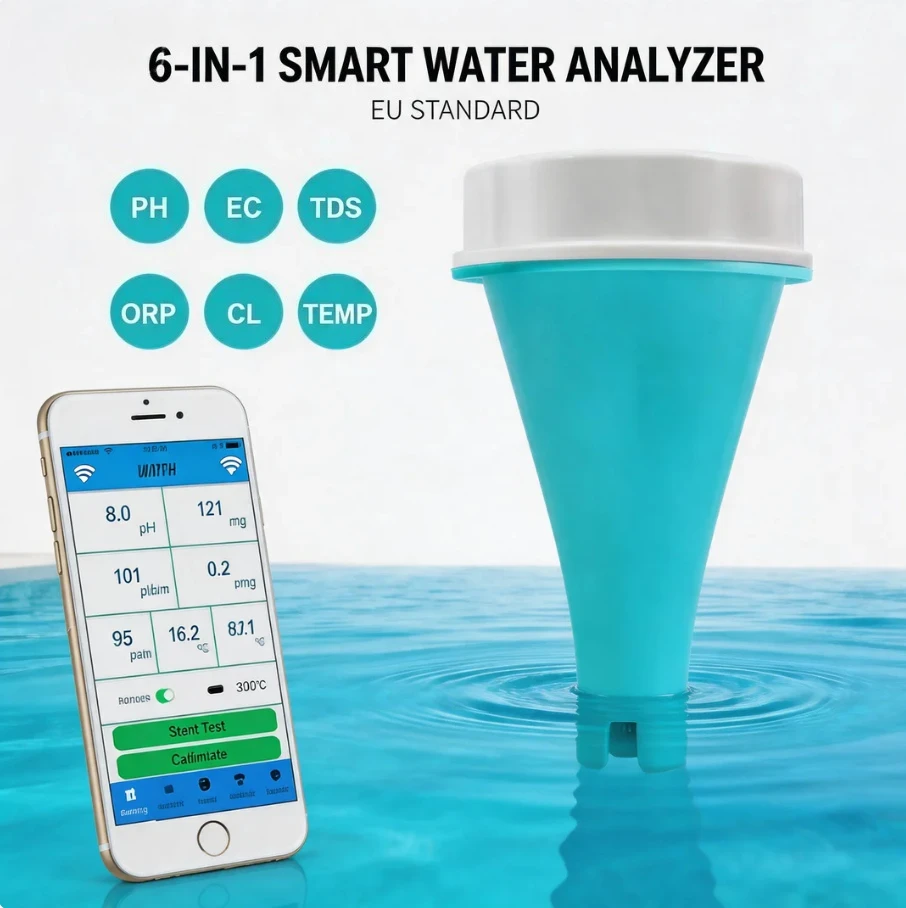 Analizador de Agua Inteligente 6 en 1 para Piscinas, Medidor Digital de Calidad del Agua con Bluetooth, Cloro, ORP, EC, TDS, Temperatura y pH