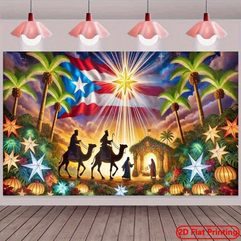VIKAMA Three Kings Nativity Tapestry, Wisemen Camels Star Bethlehem, Religious Christmas Wall Hanging for Home Church