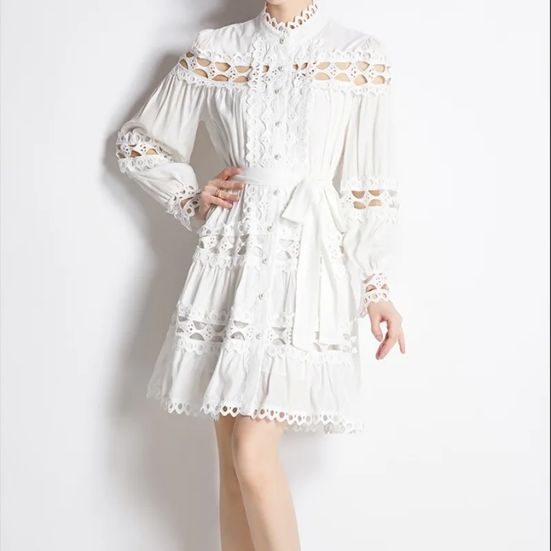 VIntage Folds Lace Hollow Out Lantern Sleeves Long Sleeves Single Breasted Dress Casual Women A-LINE  Fashion Autumn Dress