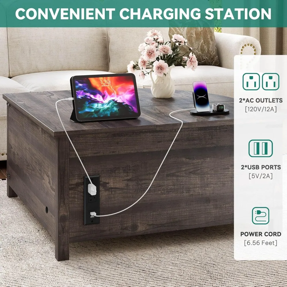 طاولة قهوة قابلة للرفع مع مساحة تخزين، طاولة مركزية معالجة بالخشب مع محطة شحن ومنفذ USB، طاولة غرفة معيشة كبيرة