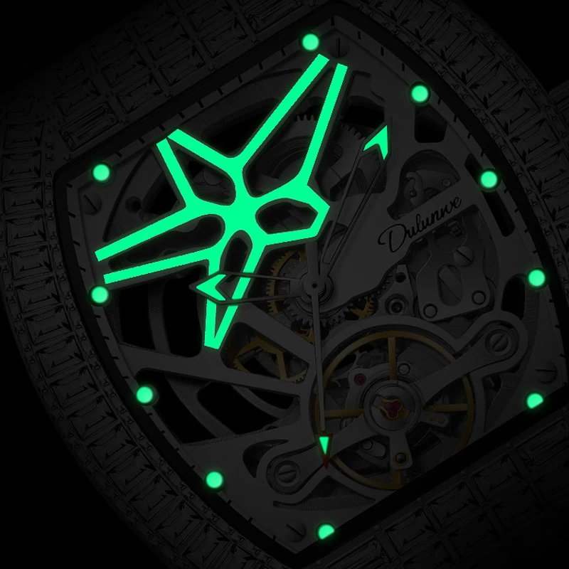    ساعات ميكانيكية أوتوماتيكية بمينا حجر الراين من Dulunwe للرجال ساعة توربيون فاخرة للرجال مقاومة للماء بحزام مطاطي