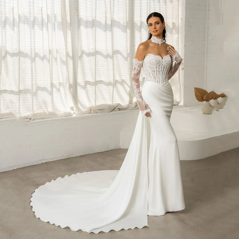

Mermaid Wedding Dress 2026 Detachable Lace Sleeves Sweetheart Bridal Gown Button Back Court Train Vestido De Novia Customized