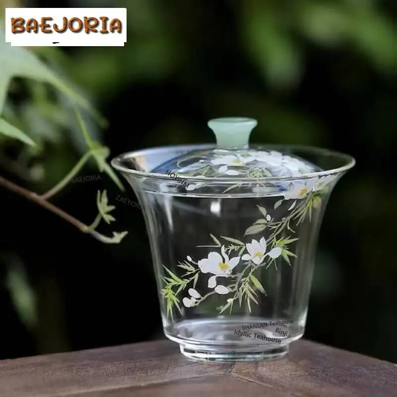 155ml High Borosilicate Glass Flower Gaiwan Vintage Transparent Non Hot Tea Tureen Tea Making Cover Bowl Tea Ceremony Decoration