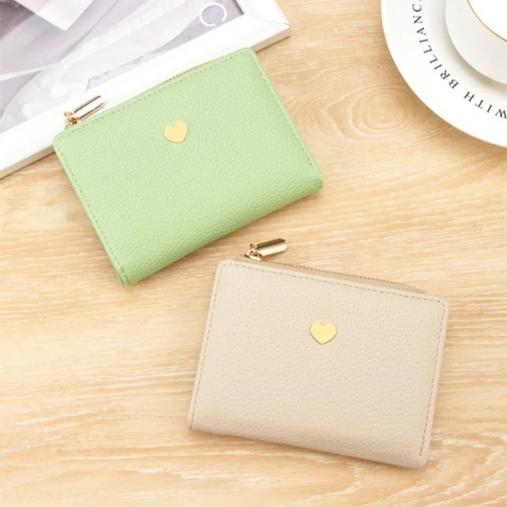 

Portable Zipper Two Fold Wallet Solid Color Anti Loss Women Short Wallet Large Capacity Love Heart Credit Card Holder Women