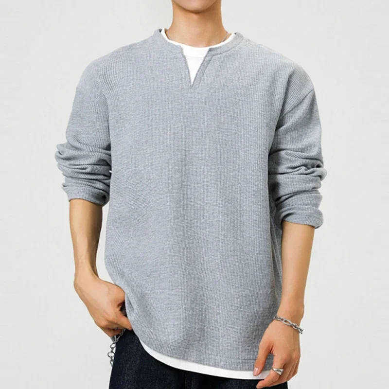 Daily Urban Henley Shirt Men Long Sleeve Notch Neck Fake Layer Hem Soft Waffle Fabric Basic Fashion Outer Garment