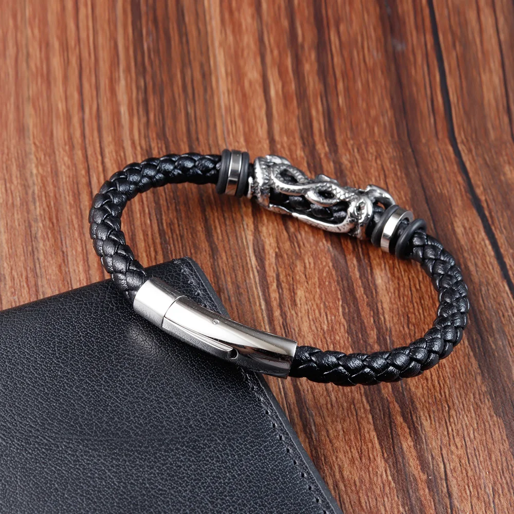 Pulsera de cuero trenzada de acero inoxidable para hombre, brazalete de Calavera, regalo de joyería Simple