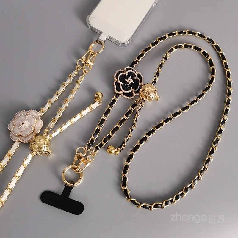 Mobile Phone Lanyard Long Crossbody Hanging Rope Round Ball Telescopic Buckle, Camellia Pickup Chain Long Neck Hanging Bag Chain