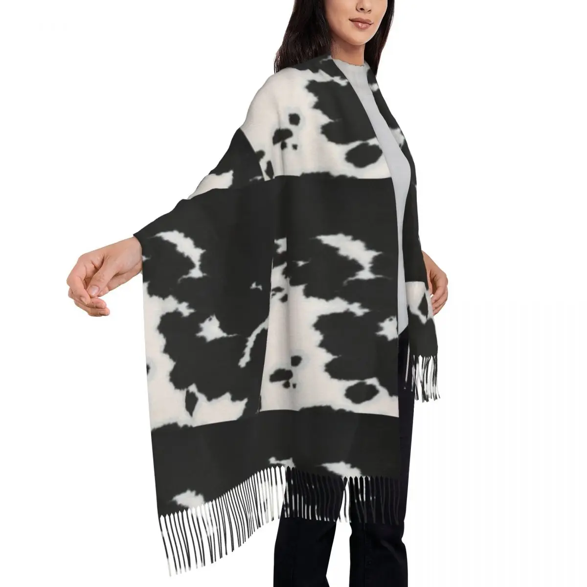 Luxury Black Spotty Cowhide Animal Pattern Tassel Scarf Women Winter Warm Shawls Wraps Ladies Fur Hide Skin Leather Scarves