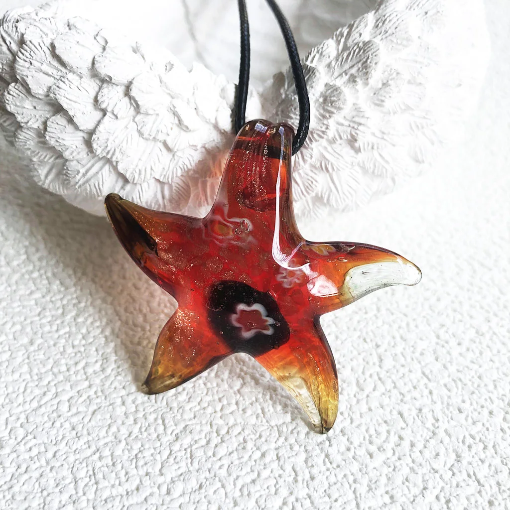 1PCS Handmade Muran Lampwork Glass Quartz Crystal Red Starfish Necklace Flower Glaze Loose Charm Pendant Jewelry Making