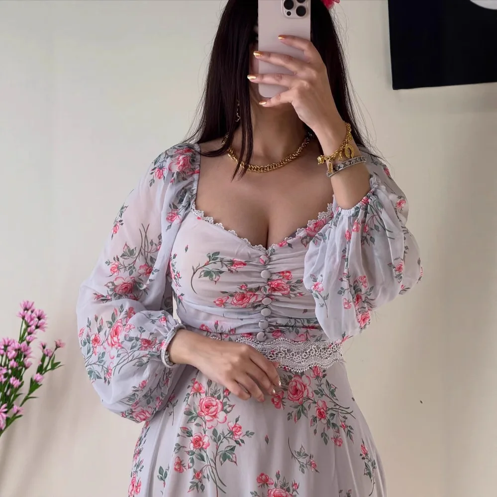Vestido de encaje estampado de gasa para mujer, vestido largo de manga larga para primavera y verano, cintura alta, ajustado, largo vestido bohe Floral