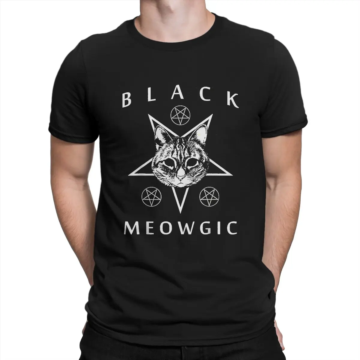 Black Meowgic Cat Witchcraft Satanic Black Metal Cat Men T Shirt Cotton Alternative O-Neck TShirt Harajuku Clothing