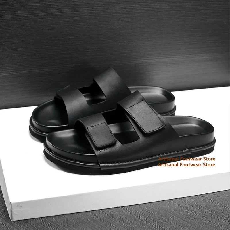 

Black Double Strap Slide Sandals Men Adjustable Open Toe Slides Comfort Cushion Insole Thick Sole Slip-On Casual Summer Slides