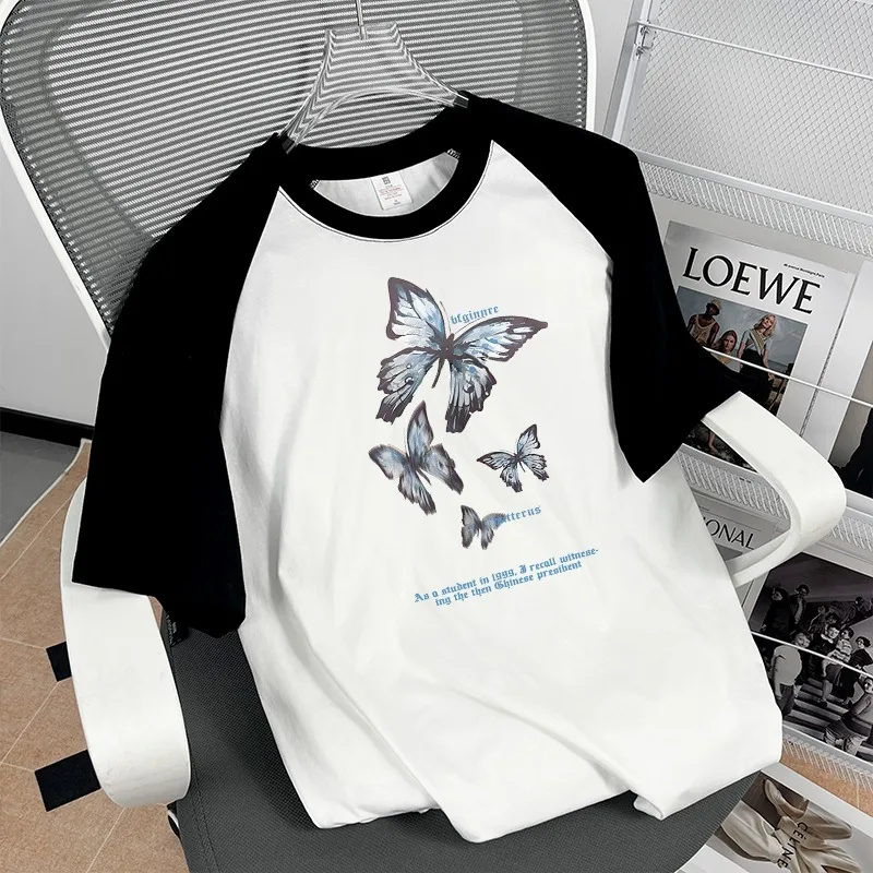 New 2024 Women's Cotton T-shirt Girl Hip-Hop Oversized Graphic T Shirts Harajuku Color Block Short Sleeve Tee Women Clothing