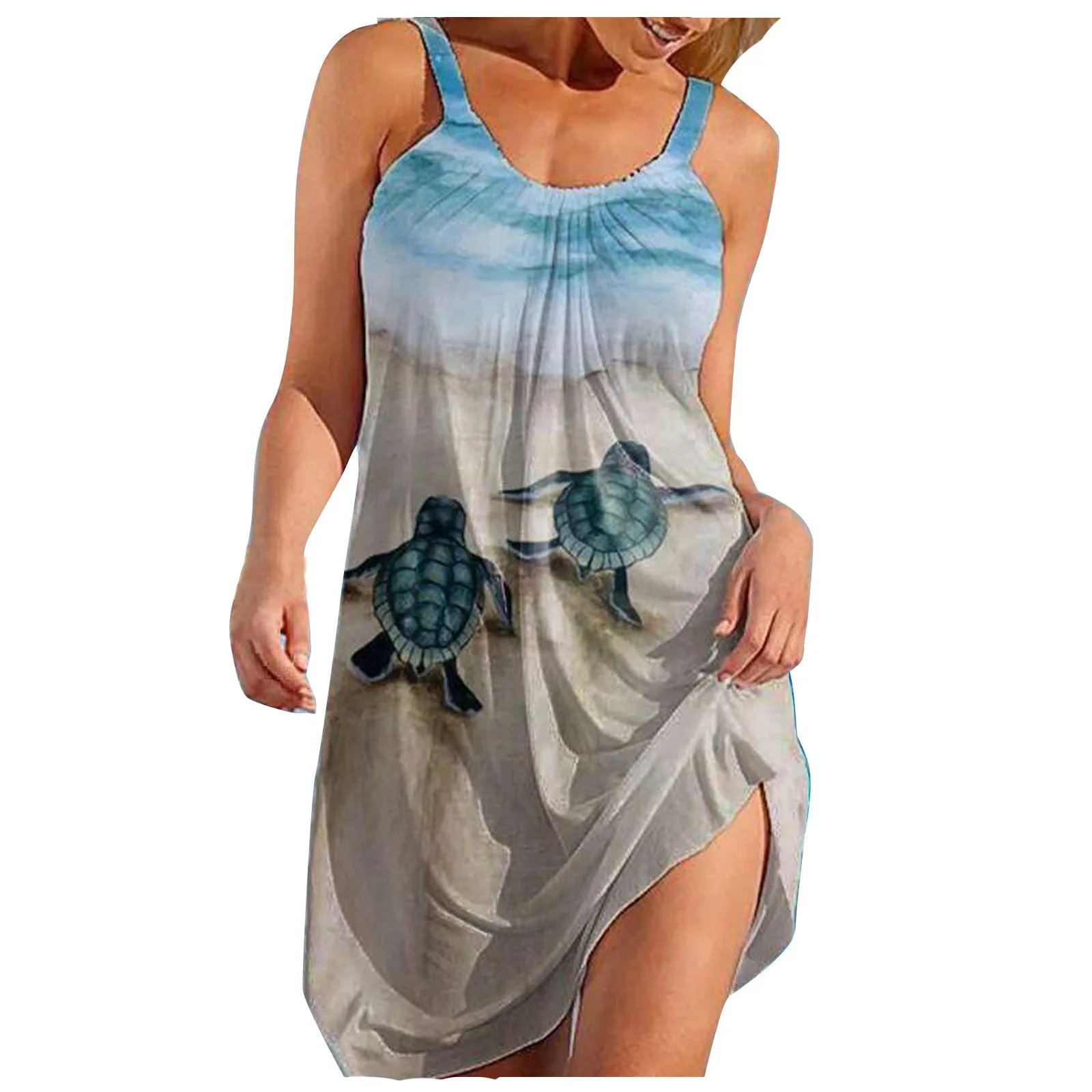 Vestido largo con estampado de tortuga marina para mujer, prenda sin mangas, informal, con dobladillo, holgado, para vacaciones y playa, 3d