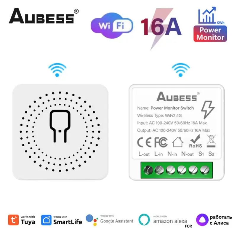 Aubess-Tuya WiFi Smart Switch Power Monitor, DIY, Contrôle bidirectionnel, Smart Home Sunflower, Via Alexa, Google Home, Alice Smart Life, 16A