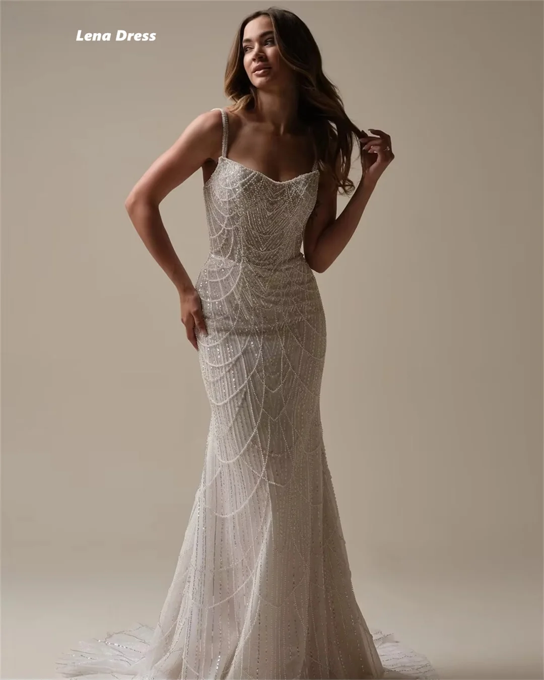 

Lena Beading Elegant Party Dresses Luxury Women Evening Dress Customization Thin Shoulder Straps Fish Tail Wedding Trailing Prom