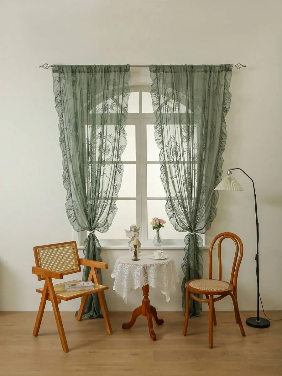 1pc Green French Romantic Ruffle Voile Window Curtain, Elegant French Style With Floral  For Living Room Bedroom Office Kitchen