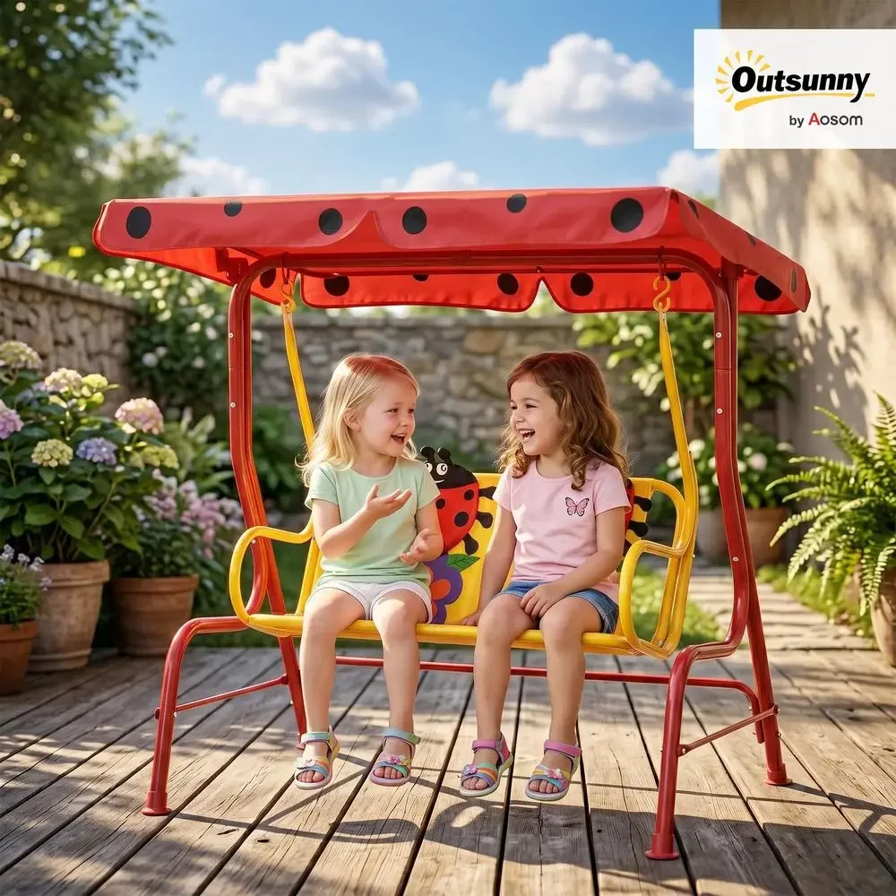 Patio Swing, 2Seater Outdoor Swing Chair with Adjustable Canopy and Safety Belt, Ladybug Pattern Hanging Swing Bench for G