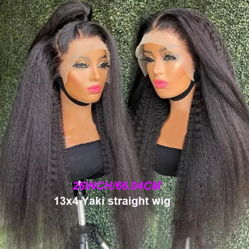 Perruque de cheveux humains Yaki droite avec dentelle transparente 13x4 - Perruque de cheveux Remy noir naturel 1B pour femme, respirante et durable