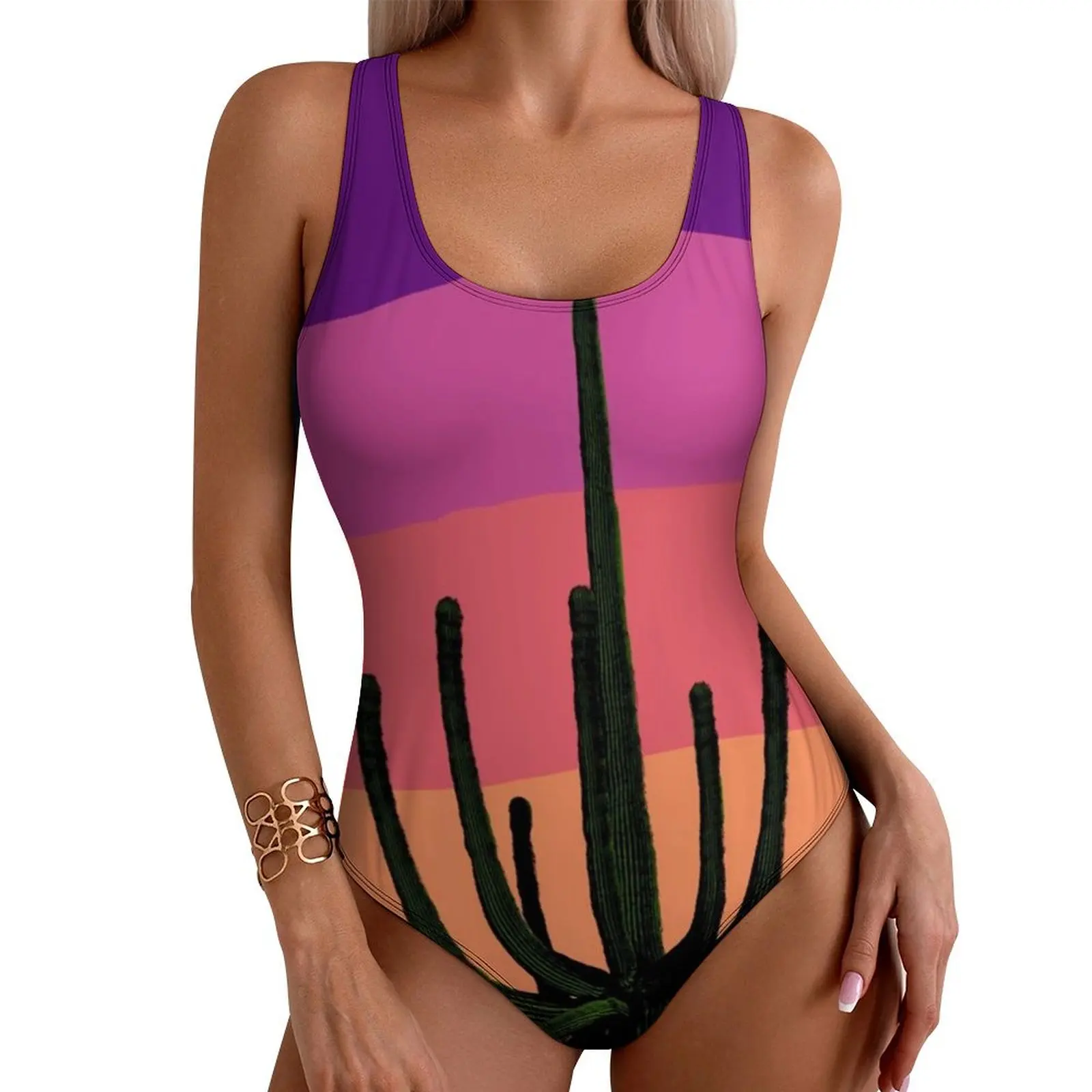 Colorful Desert Swimsuit Sexy Saguaro Cactus Sunset Women Swimwear One Piece Bodysuit Holiday Push Up Hollow Out Bathing Suits