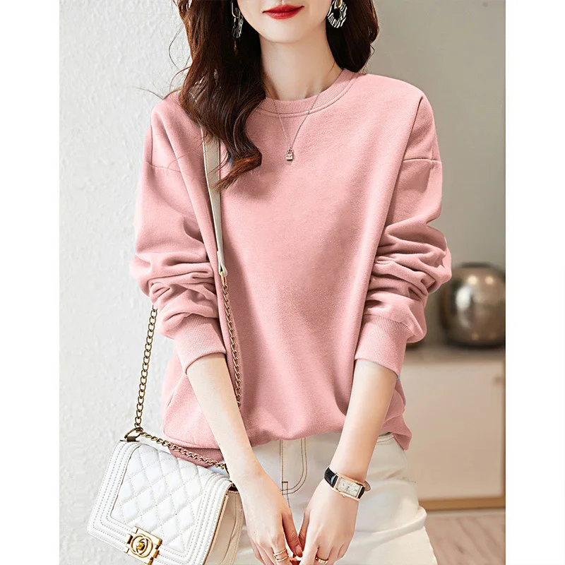 Women Pure Cotton O-neck Solid Sweatshirts Autumn Loose Casual Solid Pullovers Simple All-match Large Version Hoodies Tops