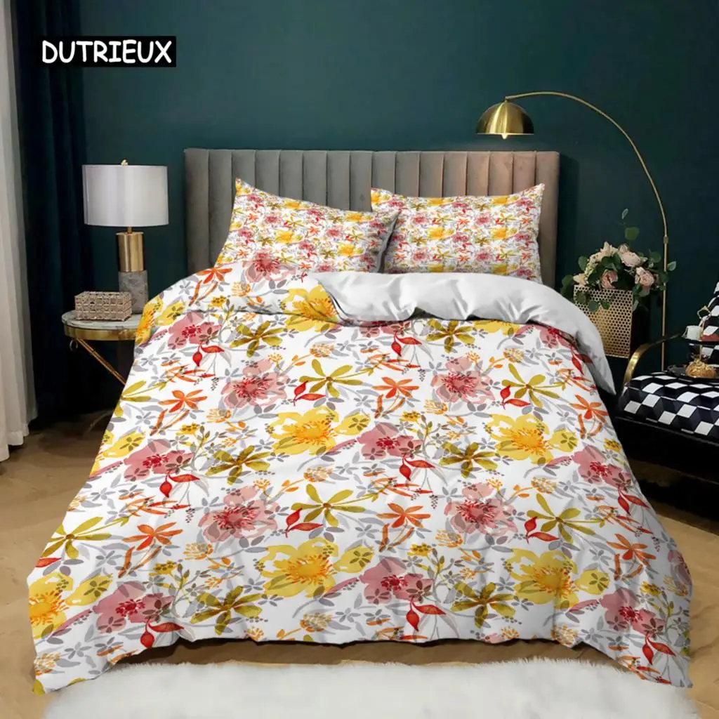 Small Fresh Duvet Cover Set Fresh Garden Style Red Yellow Flowers Green Leaf Bedding Set Teens King Size Polyester Quilt Cover