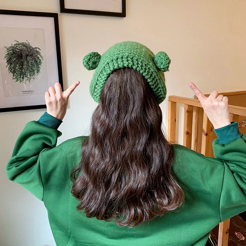 Cute Frog Eyes Knitted Beanie Hat Women Winter Warm Earflap Cap Handmade Crochet Cartoon Bonnet Funny Party Cosplay Photo Props