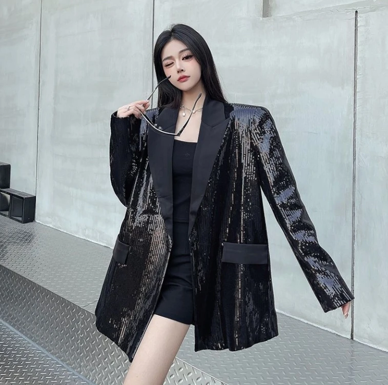 Black Jacket Sequin Blazer For Women Spring New Loose Elegant Padded Shoulder Blazer Top Korean Kawaii Streetwear Coat Loose