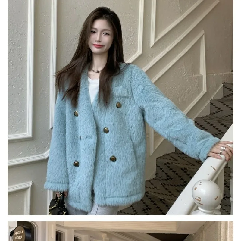 Vintage Fur Jacket Women Double-breasted Autumn Winter Faux Mink Fur Coat Warm Korean Chic Long Sleeve Luxury Designer Clothing