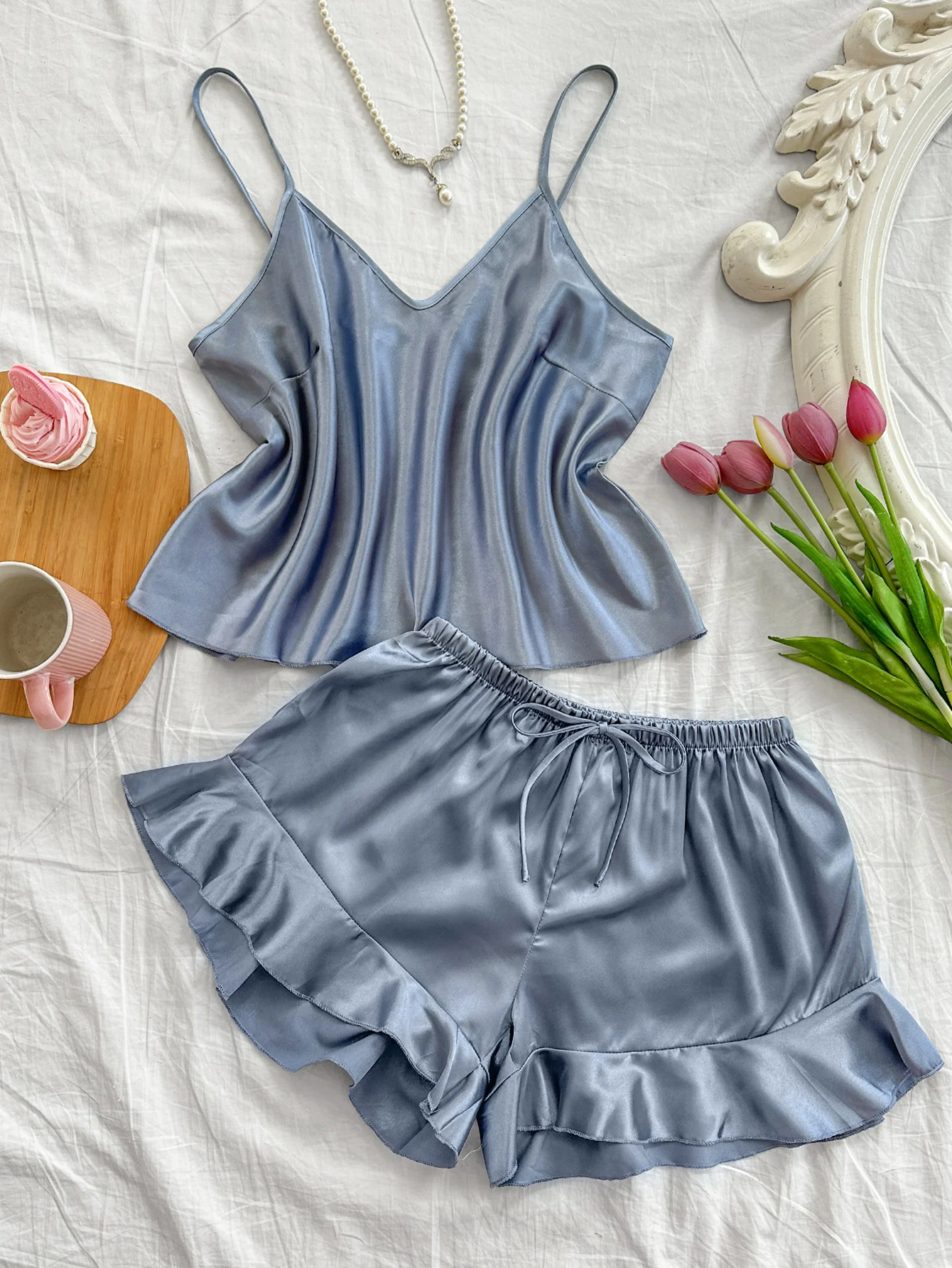 Conjunto de Pijama Sexy para Mujer, Top Transpirable y Pantalones Cortos con Volantes, Ropa de Dormir para el Verano, Ropa de Casa para Relajarse