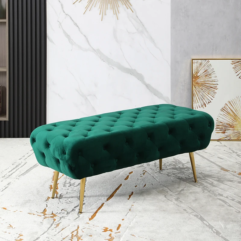 

RV Sira Velvet Button Tufted Bench with Gold Metal Legs for Kitchen Dining Room Space, Green On-Site