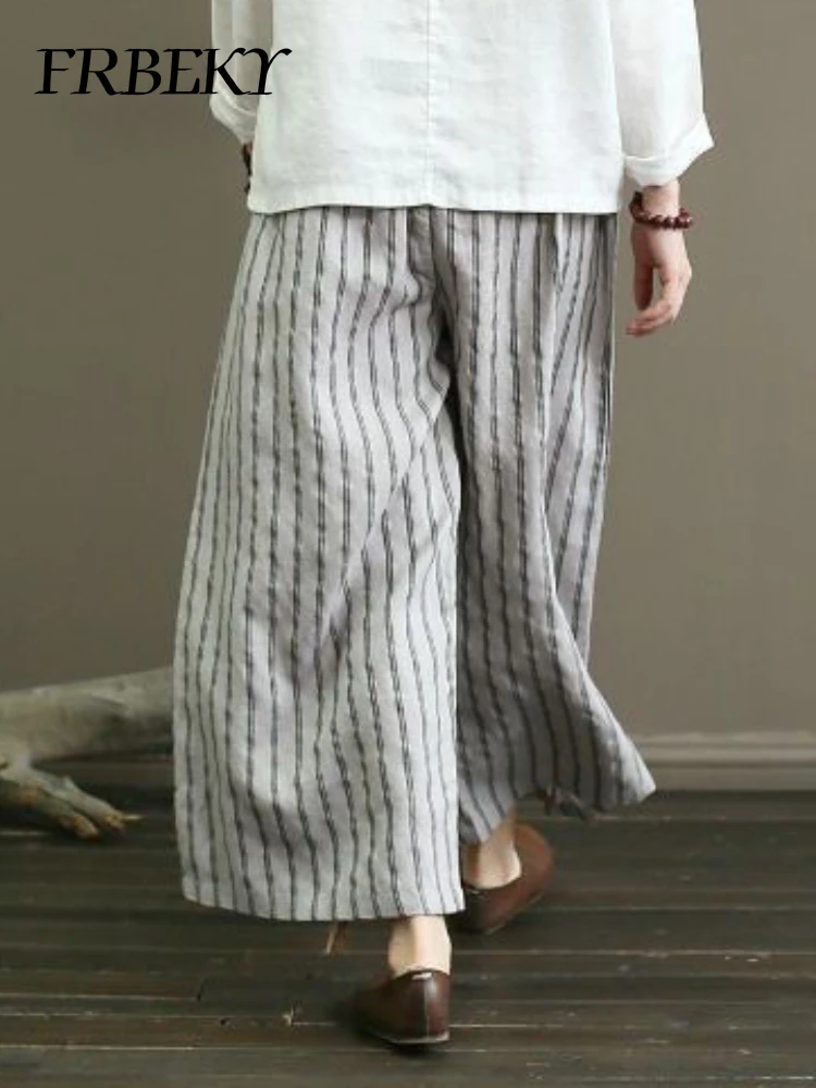 Damen hose Sommer Vintage Baumwolle und Leinen gestreifte Hose mit weitem Bein dünn drapiert lässig gerade neun Hosen Freizeit hose