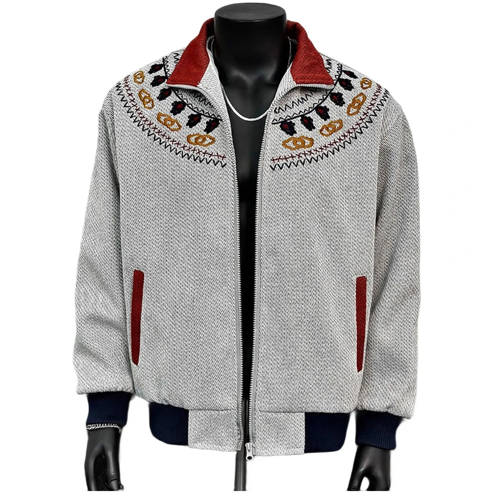 

Retro Contrast Color Men Ethnic Embroidered Jacket Stand Collar Cardigan Long Sleeve Casual Wear for Outdoor and Daily Use