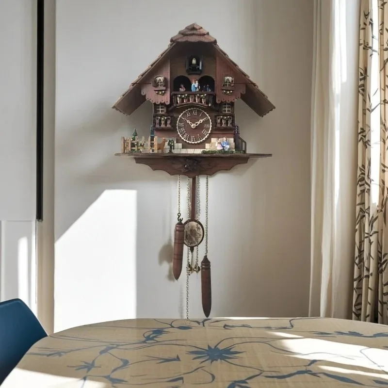 Vintage European Wall Clocks Mechanical Cuckoo Watch Solid Wood Pendulum Timepiece Hour Chime Light Control Decorative Clock