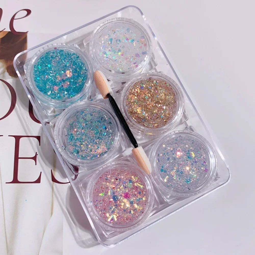เจลกลิตเตอร์แต่งตา 6 ชิ้น/ชุด สีสันสดใส กลิตเตอร์รูปหัวใจ ดาว พระจันทร์ สำหรับตกแต่งตัว เล็บ หน้า และผม