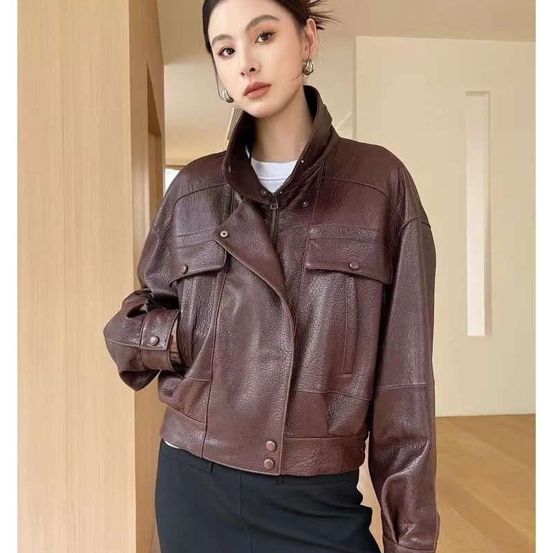 Damska zimowa kurtka z owczej skóry importowanej, skóra owcza typu bubble, damska burgundowa kurtka motocyklowa z klapami i zamkiem błyskawicznym, chaquetas de mujer.