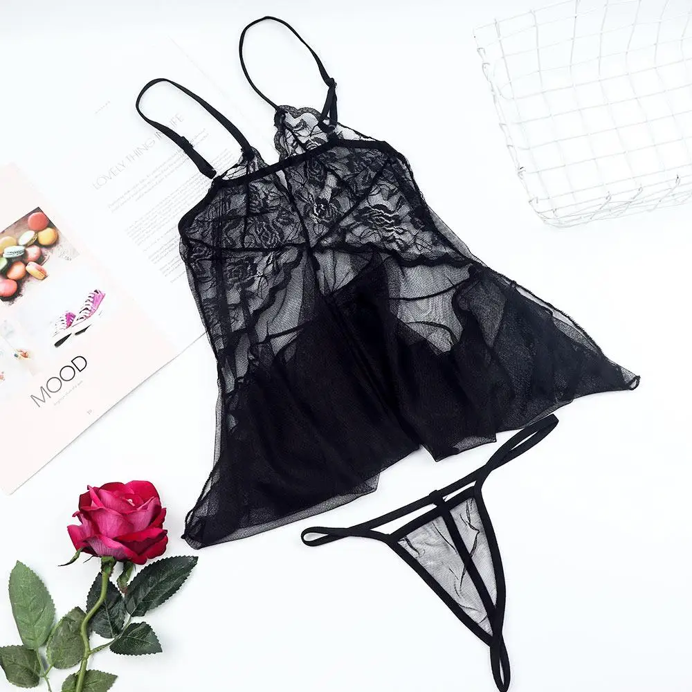 Gaun Malam Diskon Besar Seksi untuk Wanita Pakaian Tidur Babydoll Transparan dengan Pakaian Dalam G-string Pakaian Tidur Renda Set Lingerie Wanita