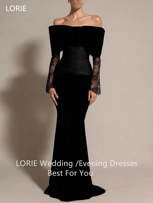 Lorie elegante preto vestidos de festa renda fora do ombro mangas completas vestido de baile de noite bainha sereia vestidos de baile personalizados