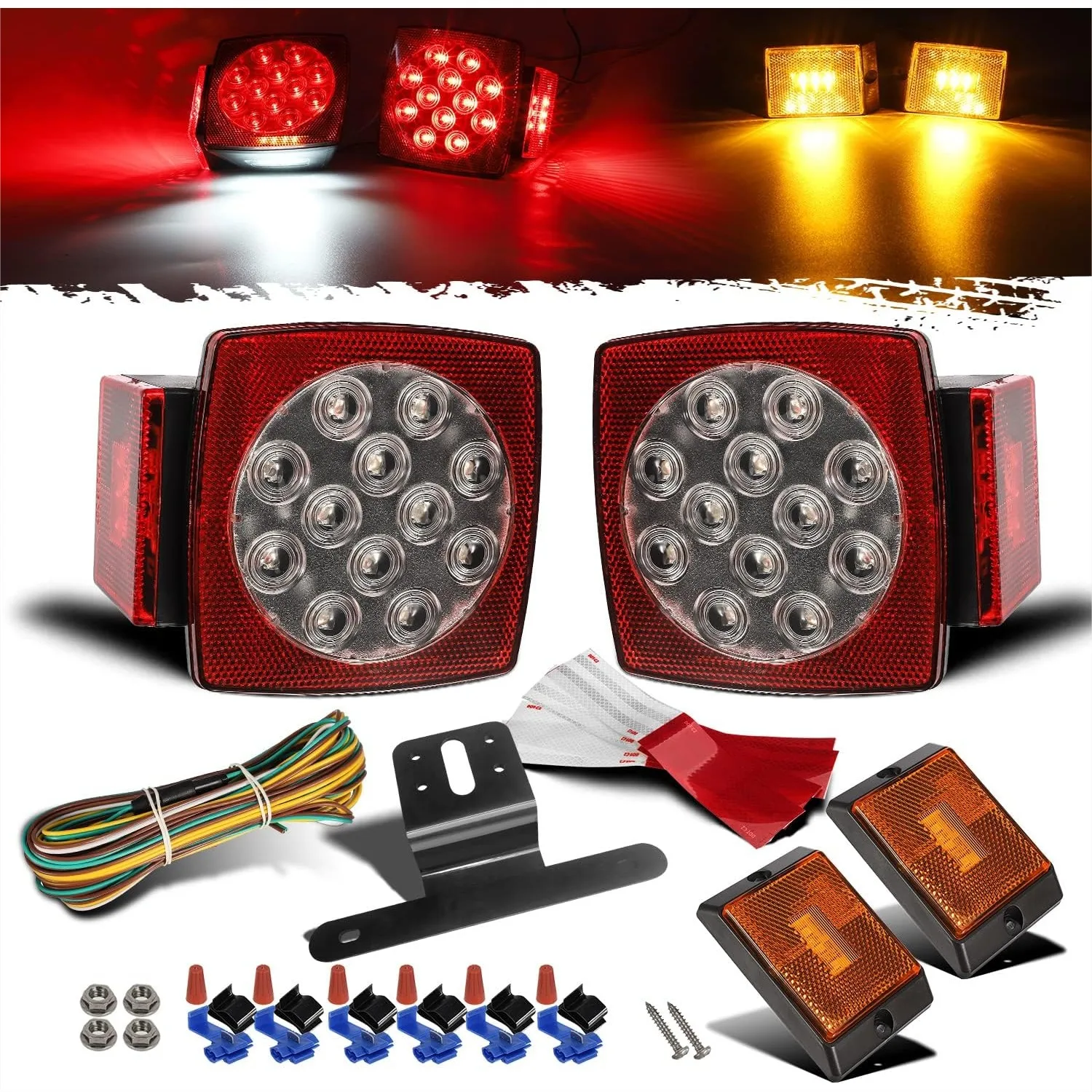 

12V Square LED Trailer Tail Light Kit with License Bracket for Truck RV Boat
