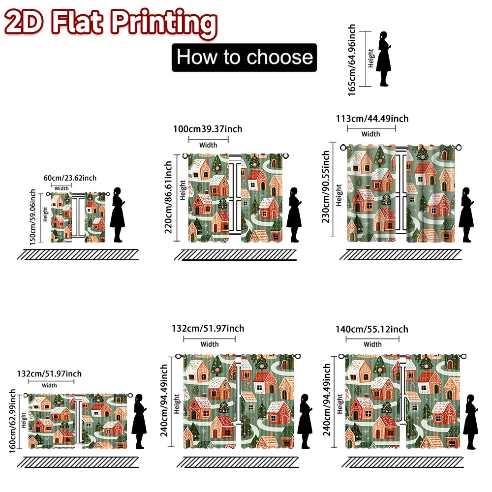 2D flat printing 2pcs Classic Christmas Curtains Christmas Gingerbread Village Durable polyester fiber Festive Curtains for